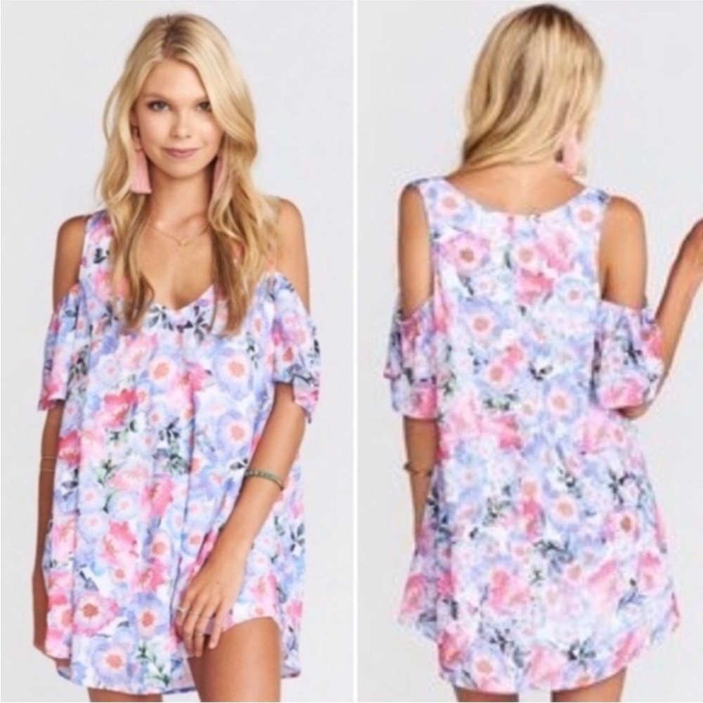 Show Me Your MuMu Birdie Ruffle Dress Floral Pink Purple Mini Cold Shoulder